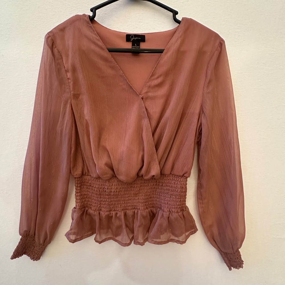 Jopra Womens Shimmer Smocked Waist Peplum Blouse Rose Gold Mauve Large